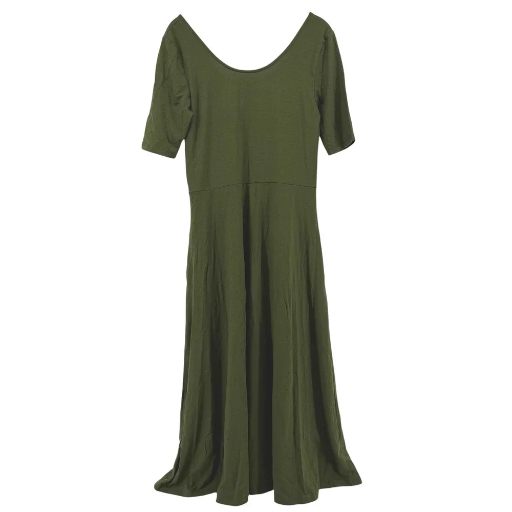 American Giant Olive Green Flex Fit & Flare Midi Dress Womens Size M USA Made - Picture 4 of 12